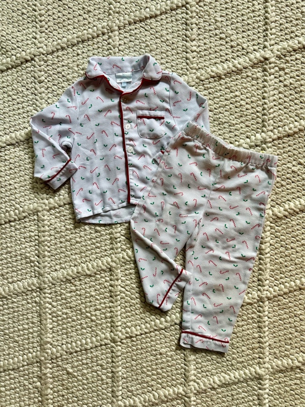 Little English White Pajama Set with Red Trim and Green Candy Cane Print